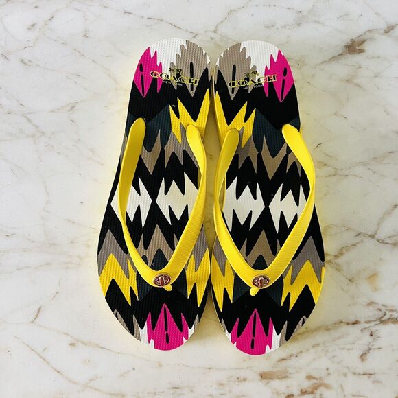 COACH Alessa Yellow Hawk Feather Rubber Navajo Thin Flip-Flop - US 11 - Picture 2 of 9